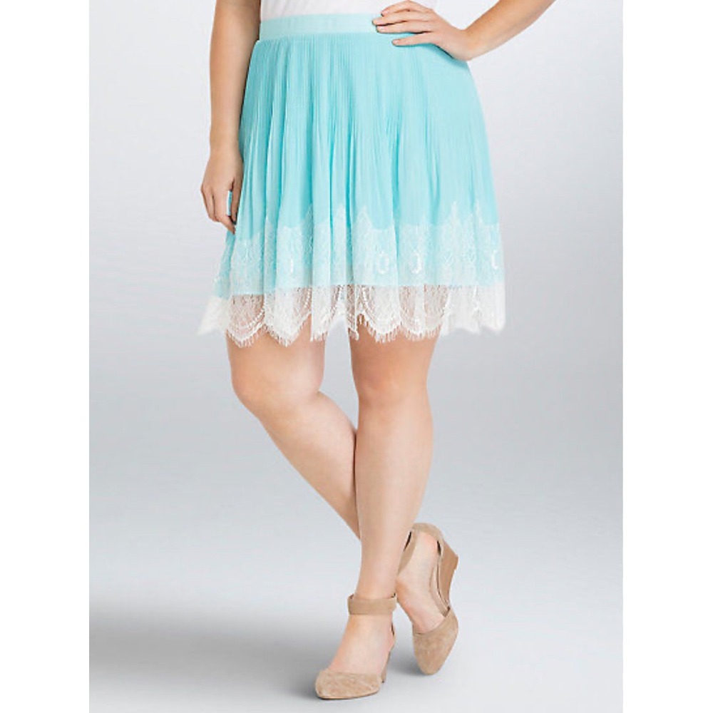 Pleated‎ Skirt Aqua Blue White Lace Trim Mini Party Cocktail